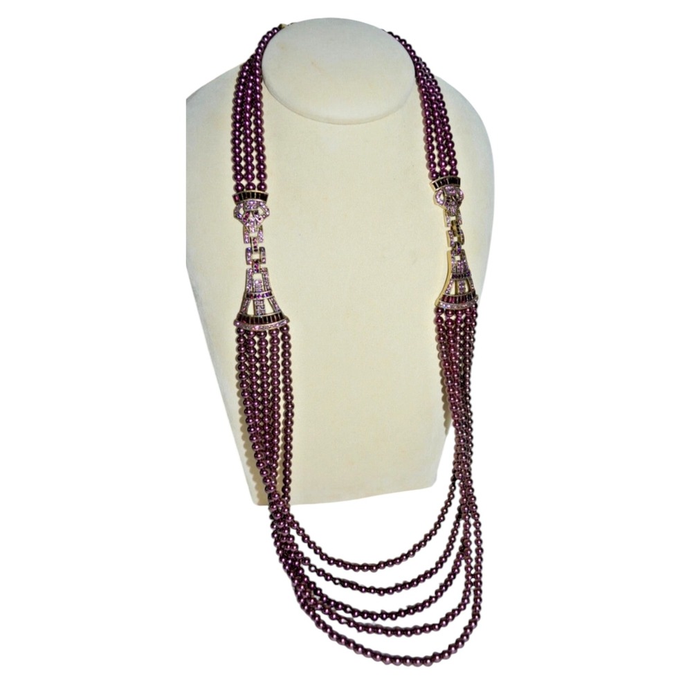 Heidi Daus Deco Master Clasp Purple Pearl Statement Multi Strand Necklace